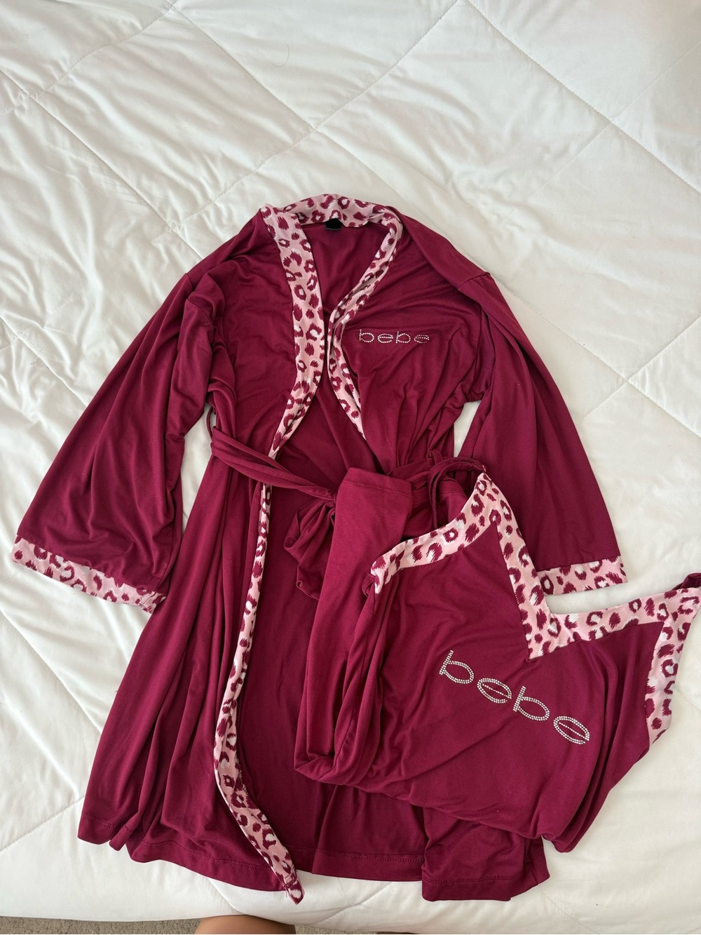 bebe Burgundy Sleep Set with Pink Leopard Trim